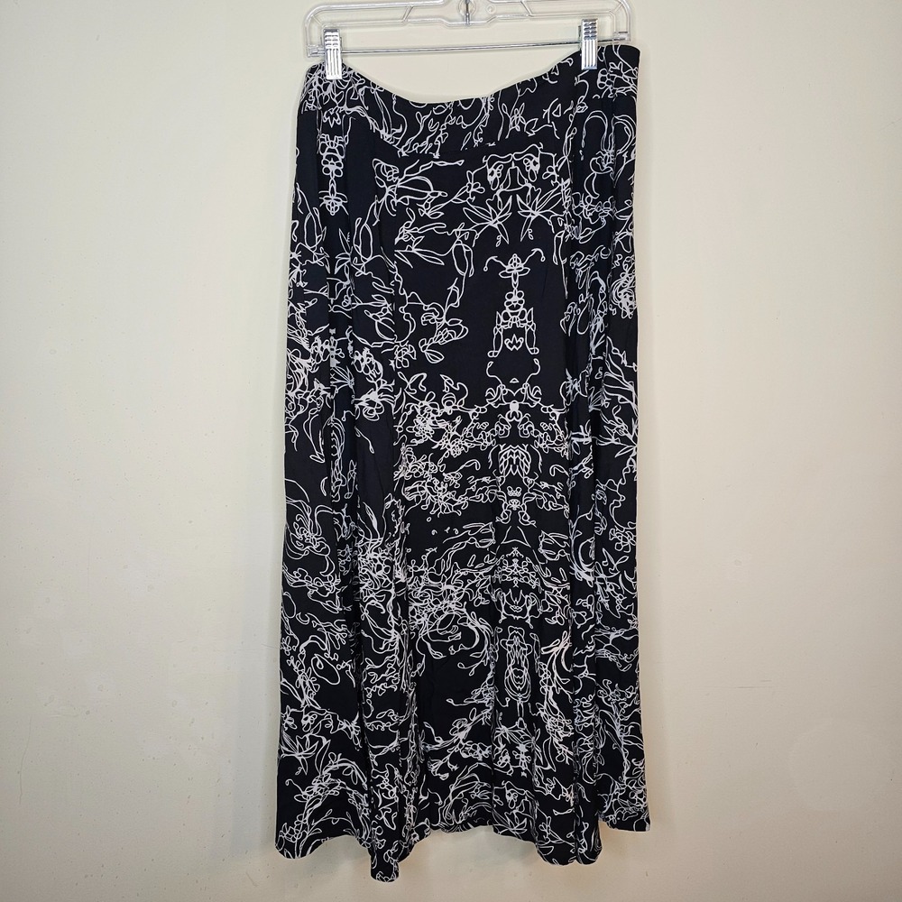 Soft Surroundings Maxi Skirt Womens L Black White Line Art Floral Rayon 26866